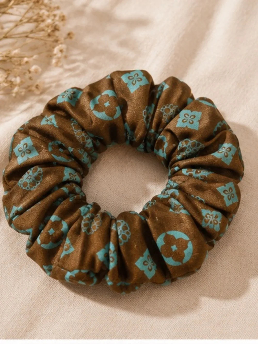 Designer Inspired Brown and Teal Floral Scrunchie Hair Tie